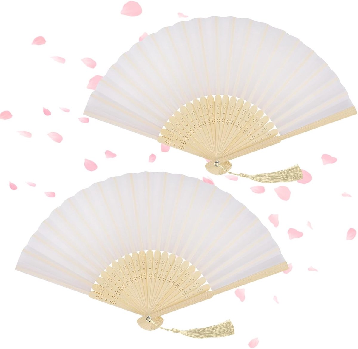2 stuks handbediende ventilator stof handmatige ventilator Chinese ventilatoren met kwastje voor verjaardagscadeaus dansen cosplay bruiloft feest rekwisieten decoratie (A wit)