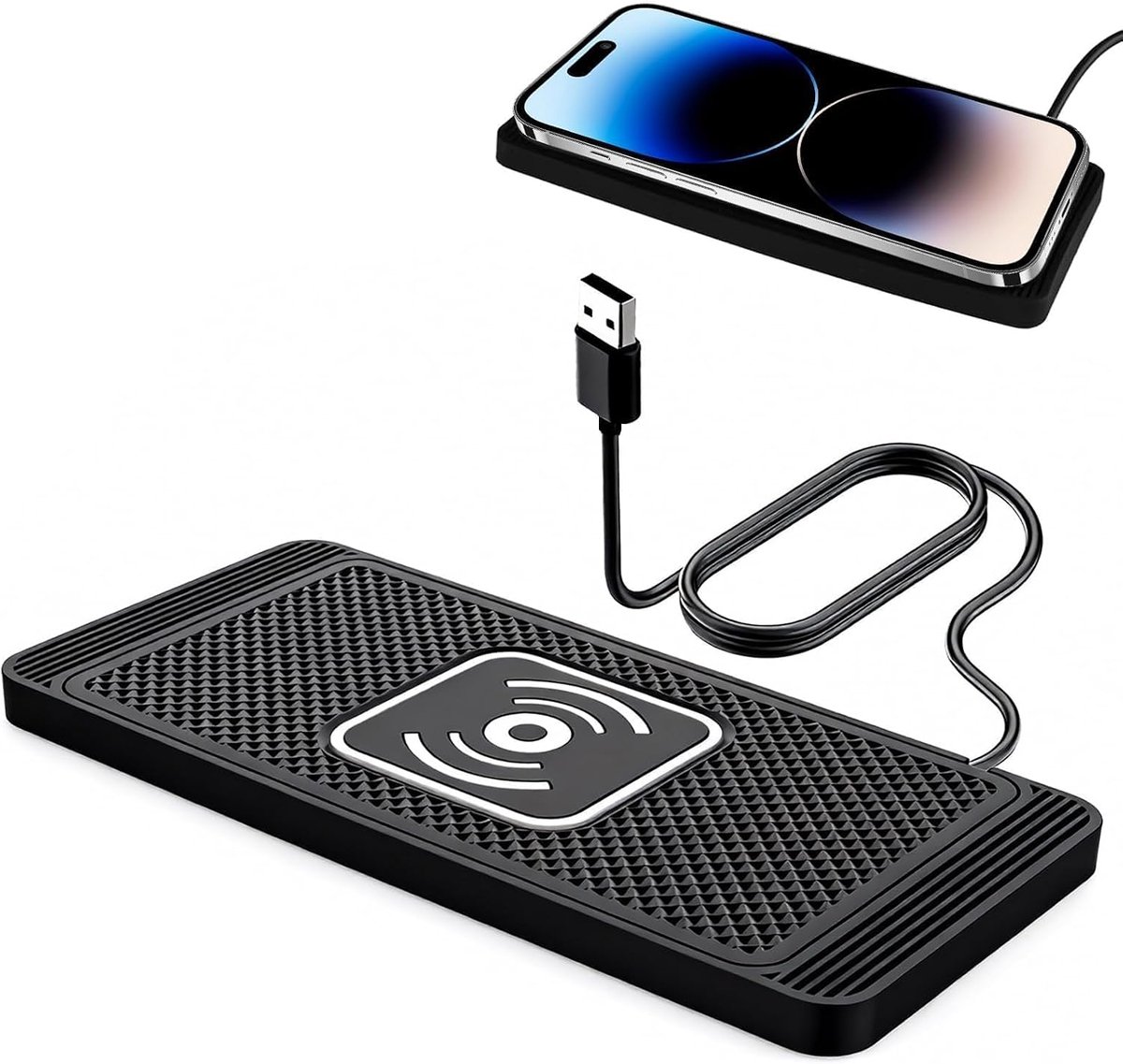 autolader, 15 W, met anti-slip pad, Qi-snellader, universeel, voor iPhone 17, 16, 15, 14, 13, 12, 11 Pro Max, Samsung S24 met USB, 1 m