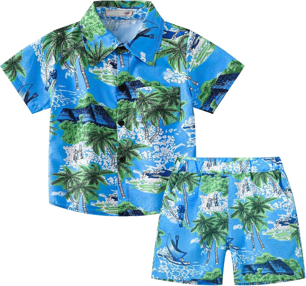Hawaïpak voor kinderen, jongens, zomerkleding, outfits, 2-delig, shirt met korte mouwen en shorts, bedrukte kledingsets