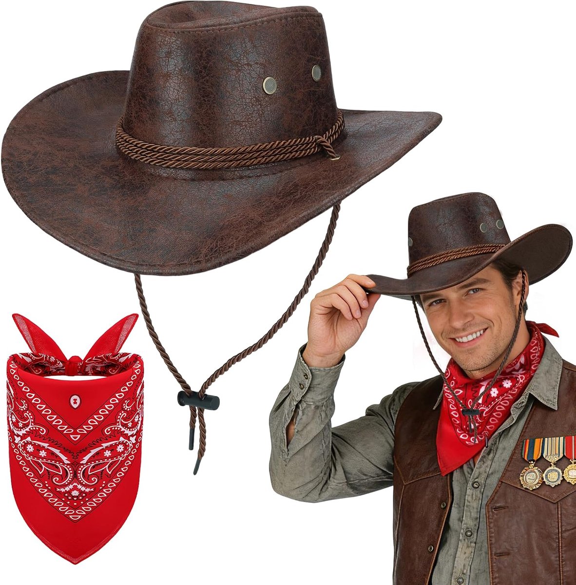 2 stuks cowboyhoed & bandana-set, western cowboy kostuum accessoireset met cowboyhoeden paisley bandana voor heren dames carnaval Halloween westthemafeest cosplay