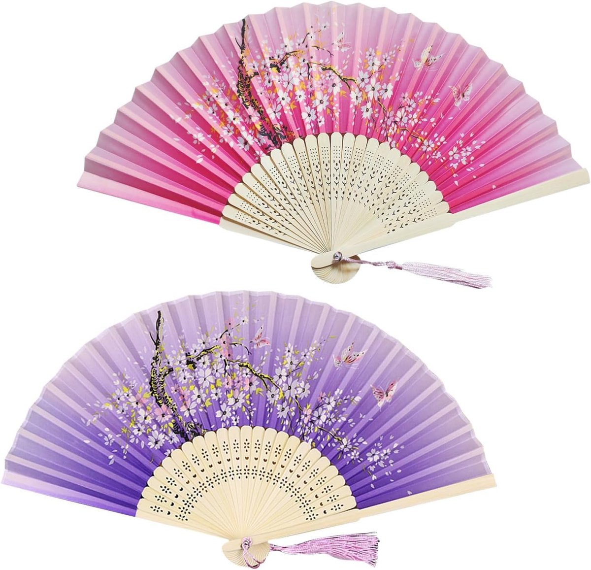 2 stuks opvouwbare waaiers en handwaaiers, draagbare ventilatieaccessoires voor snelle koeling, voor bruiloft, feest, dans, cosplay, show, carnaval en dagelijks gebruik (roze en paars)