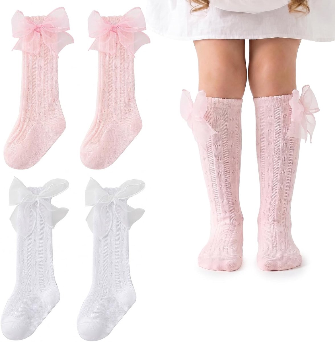 Sokken voor meisjes met vlinderdas, antislip sokken van zacht katoen, ademende kanten sokken voor kinderen van 3-5 jaar, roze en wit