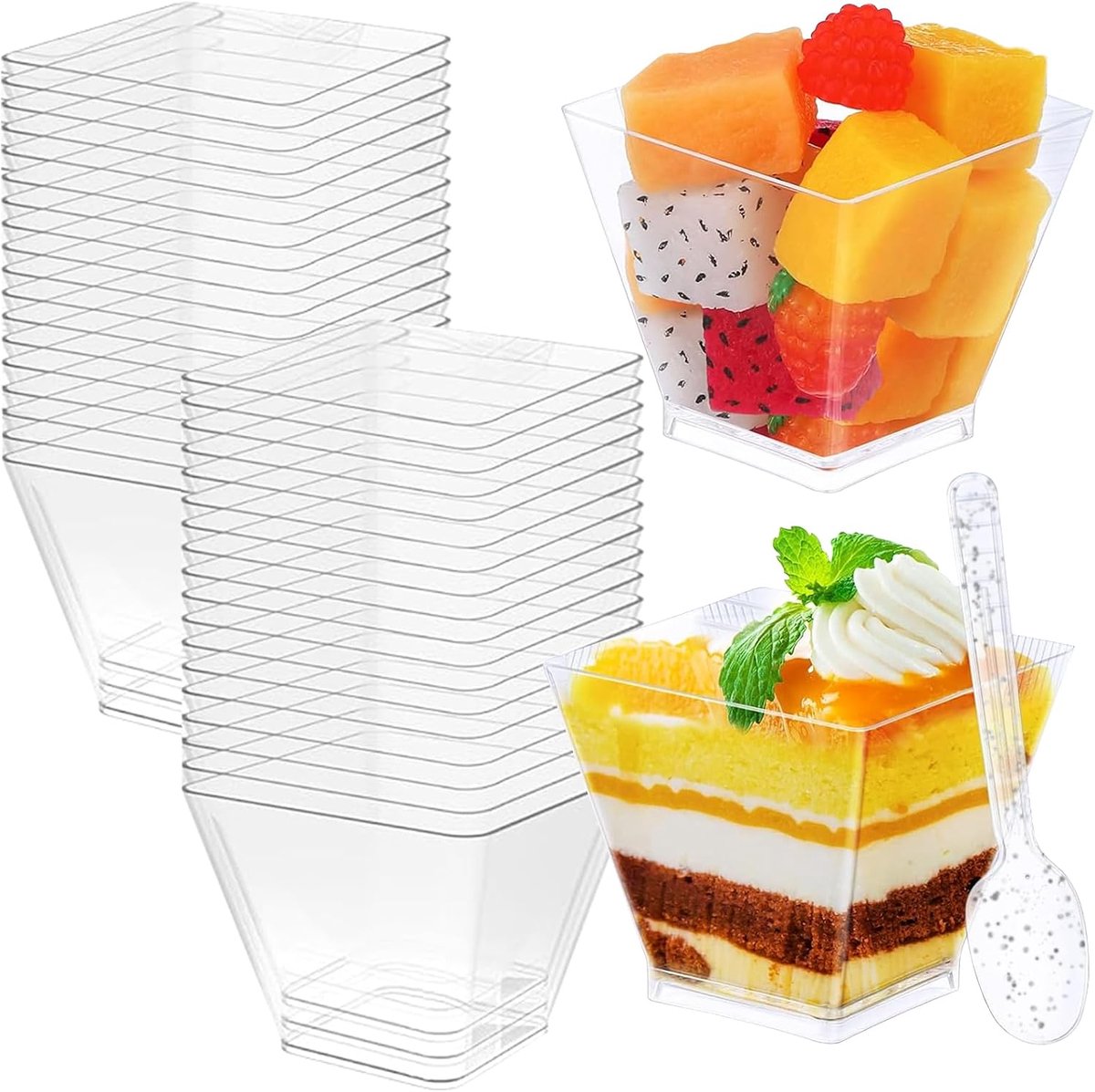 Dessertkommen, herbruikbaar, 60 ml, minikommen, vierkante dessertkommen met 50 lepeltjes, voor chocoladepudding, feesten