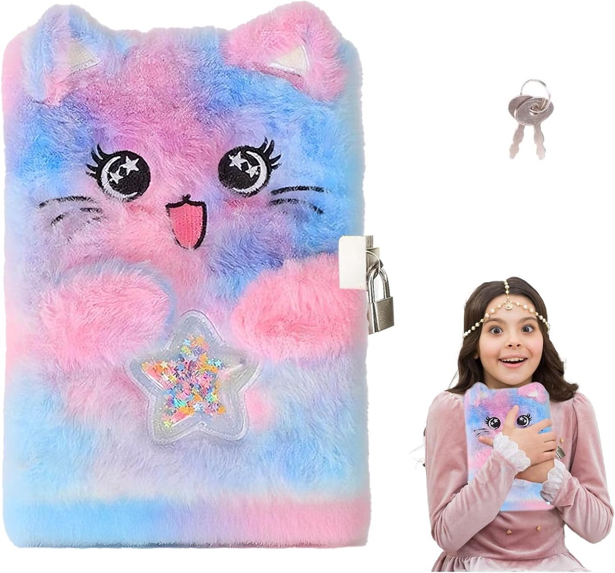 dagboek met slot meisjes dagboek met pluche hoes + geheim notitieboek met sleutel + 21.5x15.5 cm + roze/blauw + ideaal voor school en cadeau