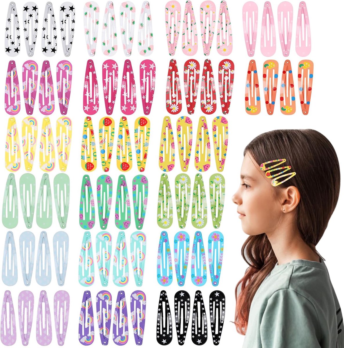 Haarspelden voor meisjes, 5 cm, metalen haarclip voor kinderen/tieners/vrouwen, schattige haaraccessoires (20 kleuren - bedrukt)