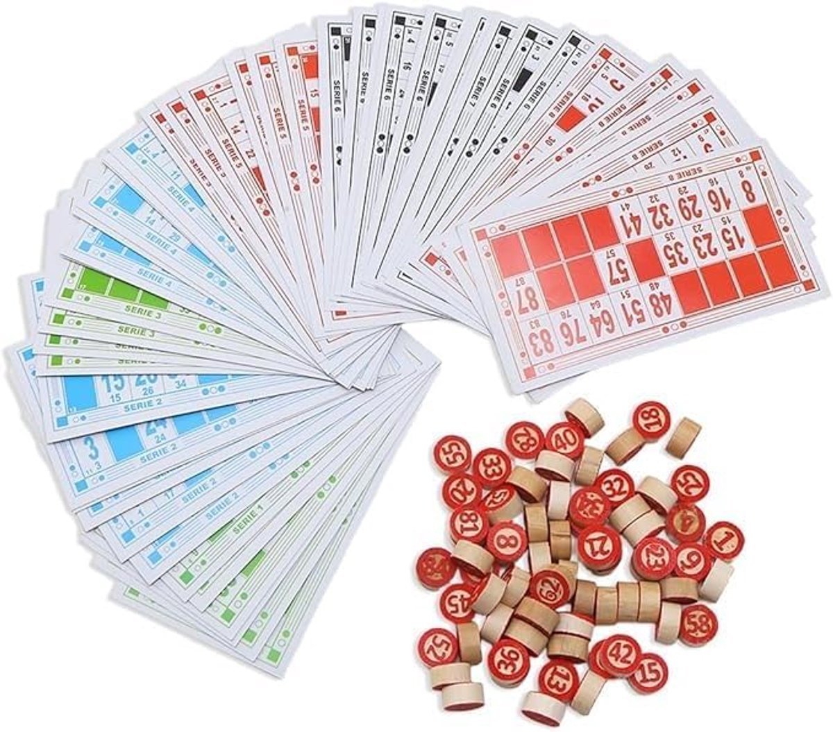 Bingo-set, 138-delig, 48 lotoboxen en 90 genummerde chips, traditionele set voor tombola, kersen en familiefeesten