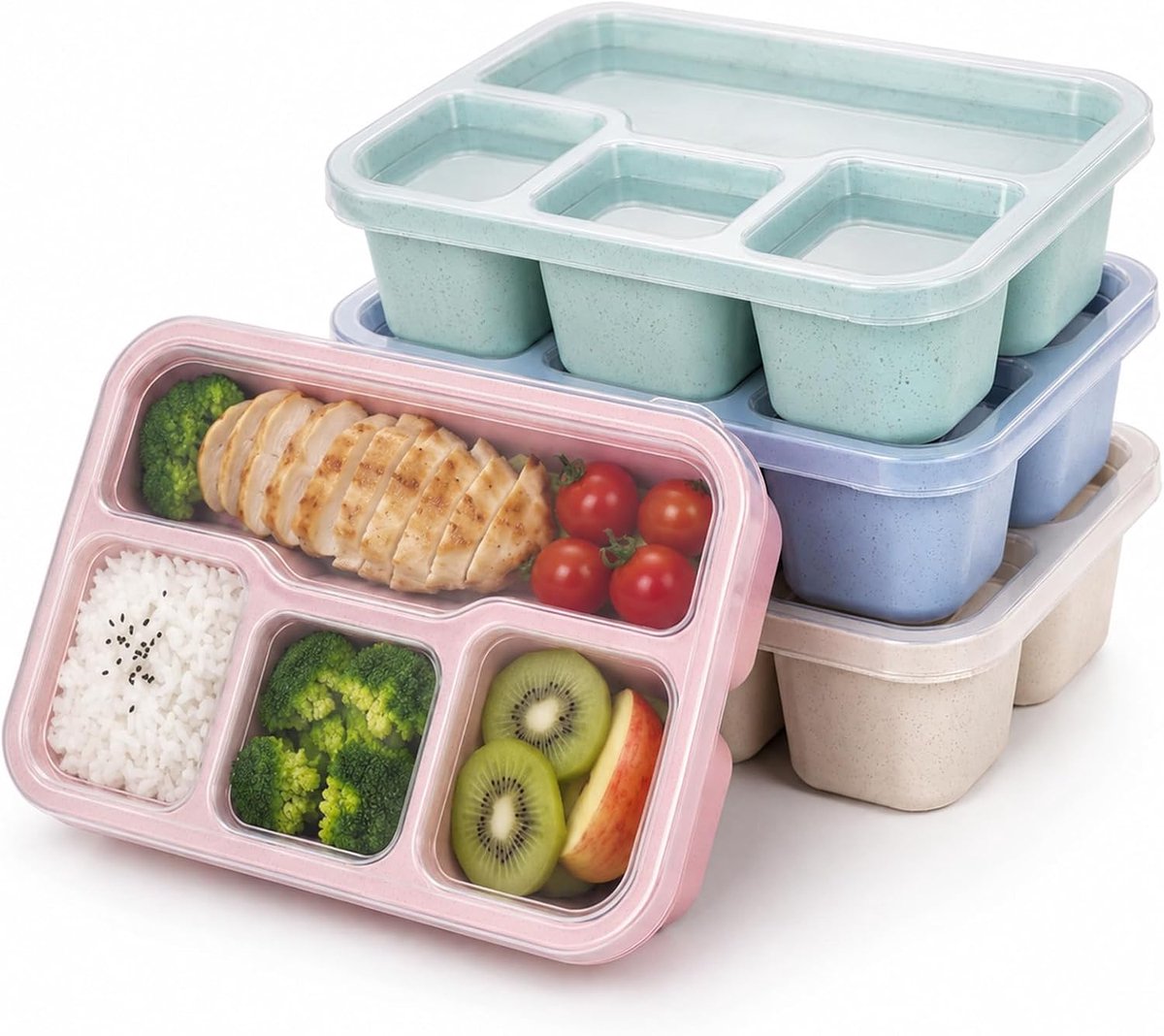 Set van 4 snackdozen met deksels, snackcontainers met 4 compartimenten voor maaltijdbereiding, bento-lunchbox voor kinderen en volwassenen, herbruikbare plastic snackbento-dozen voor school