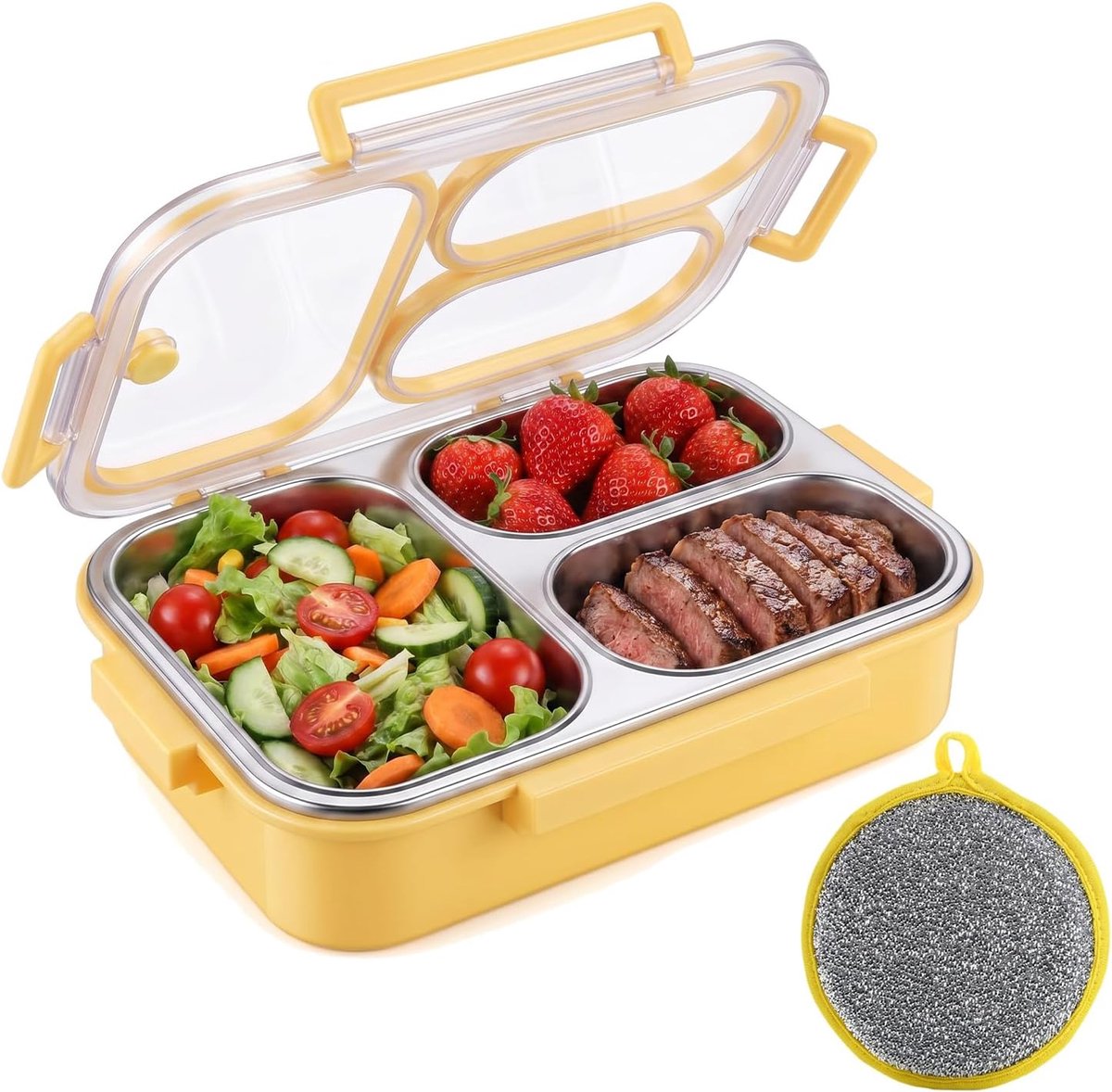304 roestvrijstalen broodtrommel met 3 vakken, gele lekvrije bentobox voor volwassenen, maaltijdvoorbereidingscontainer voor school, kantoor en picknick, 24,5 x 17,5 x 6 cm, reinigingsspons
