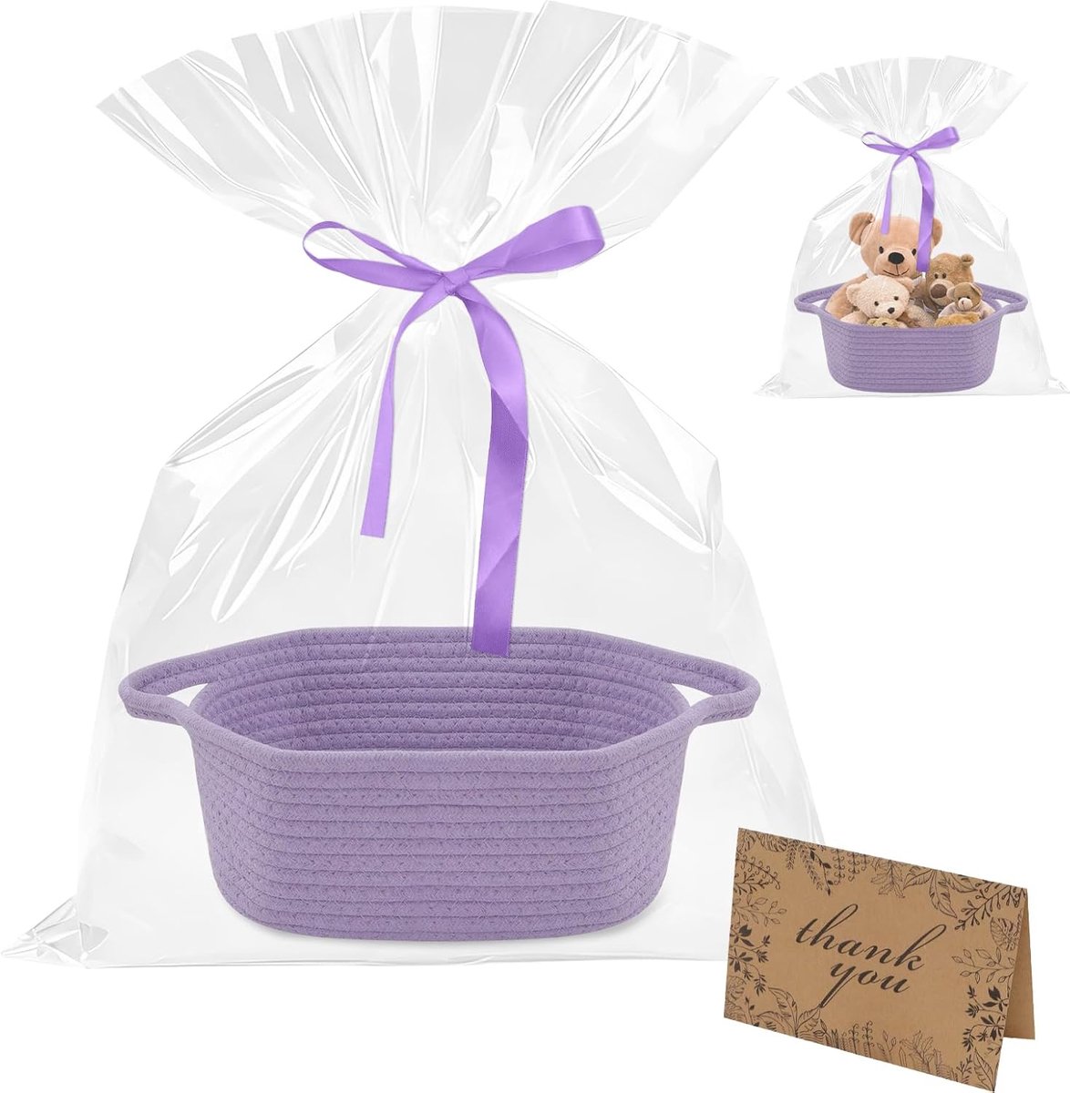 Lege, katoenen sei geschenkmand leeg met geschenkzakjes, wenskaarten en linten, gevlochten mand, opbergmand met handvat voor verjaardagen, babyfeestjes, feestdagen (paars)