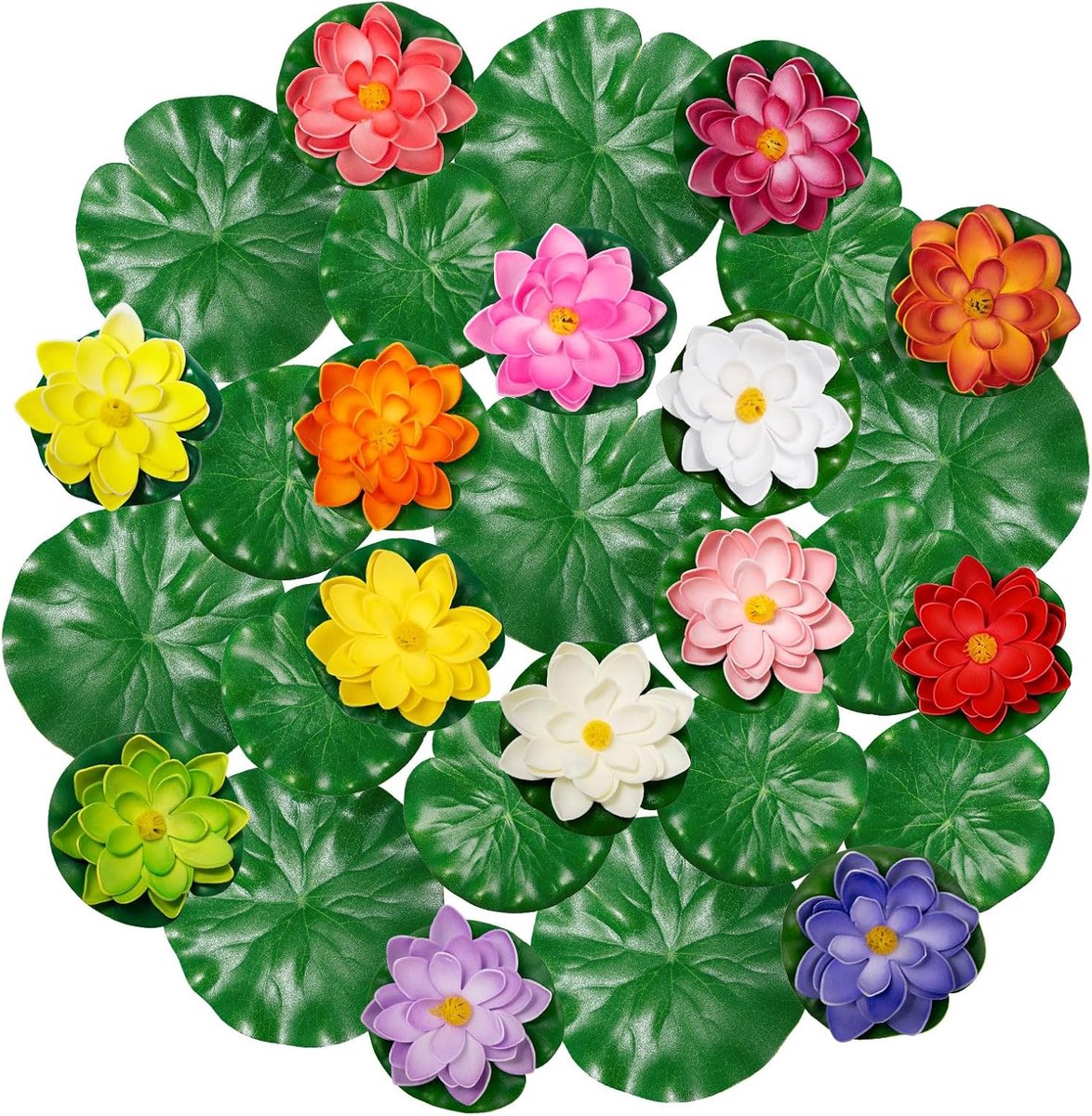 lotusbloem en waterleliebladeren, set van 28 stuks, drijvende waterlelie, 14 kleuren, schuim, waterlelie, bloemen voor vijverdecoratie, aquarium, terras, tuin, zwembad