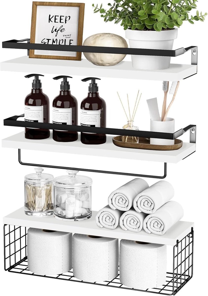Zwevende planken met draad Strorage mand, wandplank set van 3 voor huisorganisatie en wanddecoratie slaapkamer keuken woonkamer badkamer wit