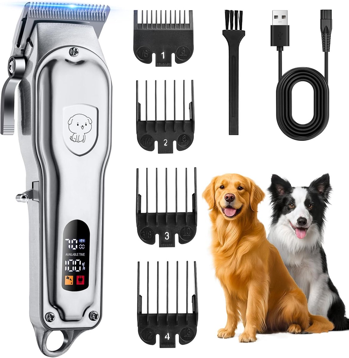 Professionele hondentondeuse, tondeuse voor honden en katten, met 4 snijkoppen, krachtige motor voor lichaam, gezicht, oren, poten en andere onderdelen (zilver)