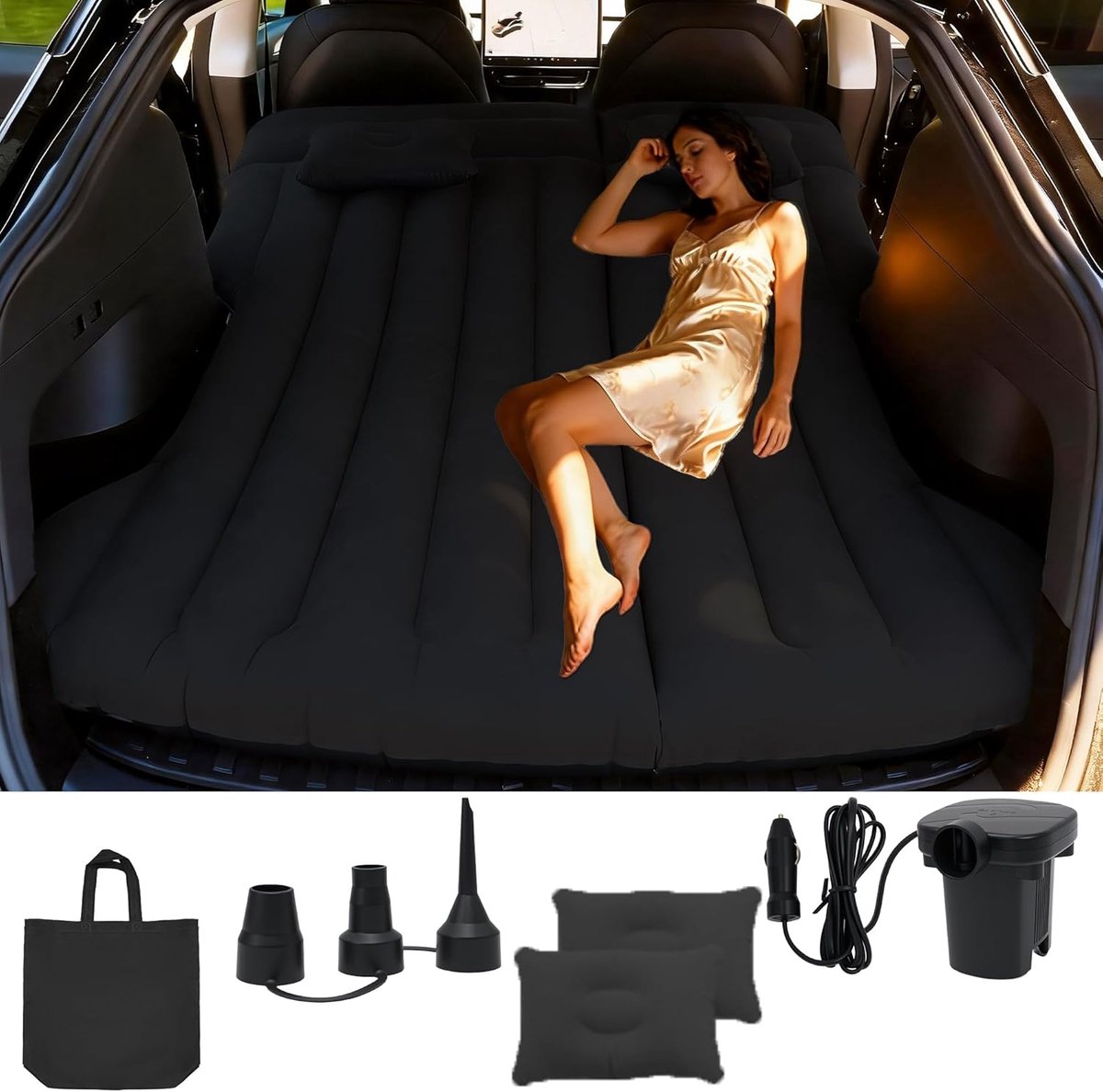 SUV-Luchtmatras, Opblaasmatras Voor Model Y | RV Minivan SUV Luchtmatras, Verdikte Autoluchtmatras Camping Opblaasbed voor Kofferbak/Achterbank, Camping/Outdoor Zwart
