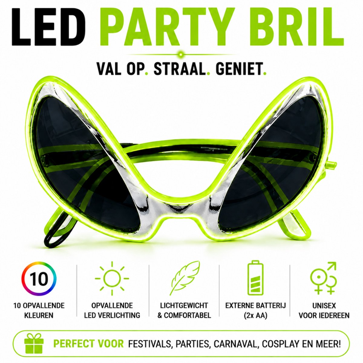 GlowAlien LED Bril – Festival & Party Bril – Koningsdag & Carnaval – LimeGroen Licht – 3 Lichtmodi