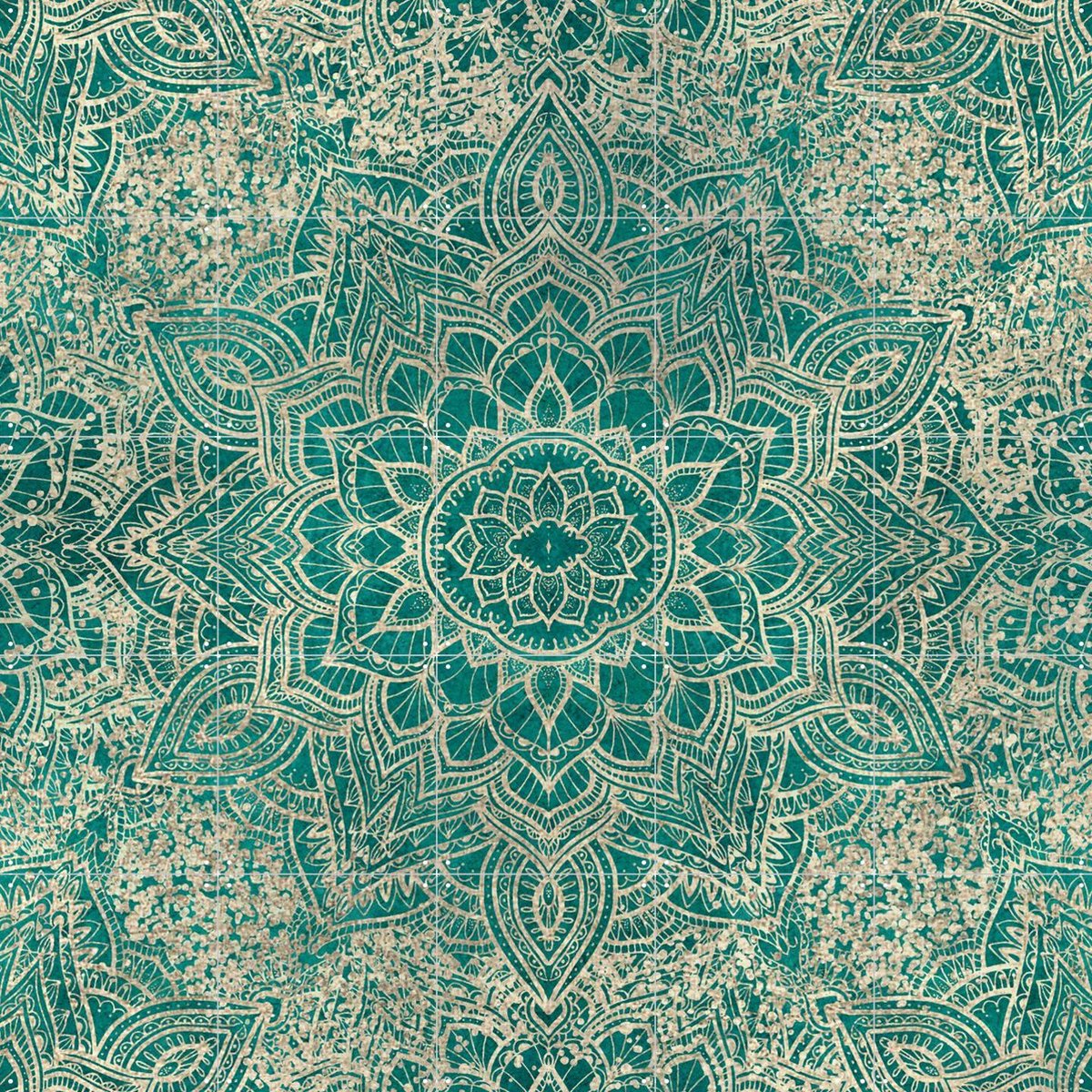 IXXI Boho Sparkling Mandala Allover Teal Gold, Bloomery Decor - 100 x 100 cm - Gratis ophangtool - Grote wanddecoratie en posters - Abstract