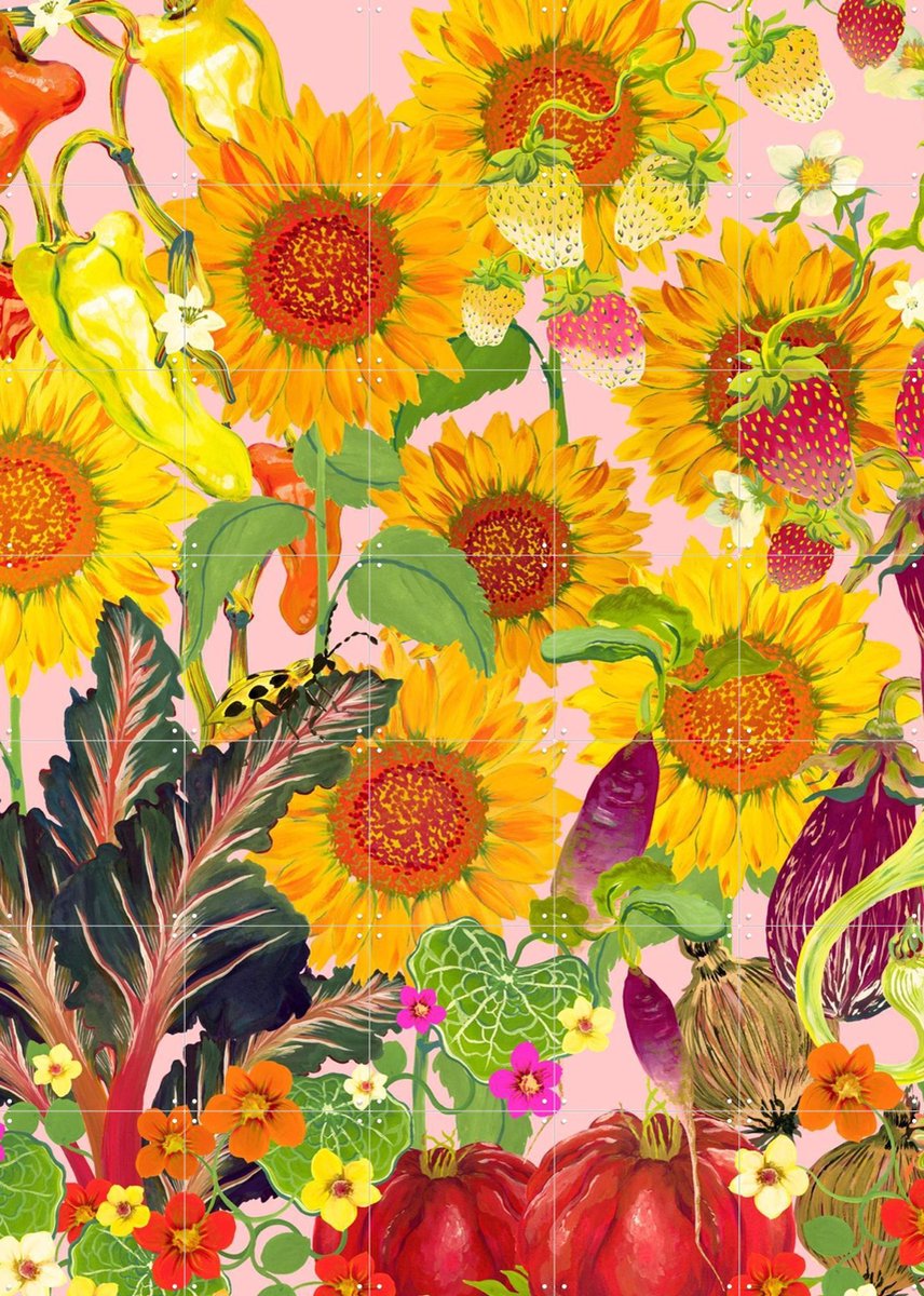 IXXI Vegetable Garden Pink, Marylène Madou - 100 x 140 cm - Gratis ophangtool - Grote wanddecoratie en posters - Illustraties, Keuken, Eetkamer