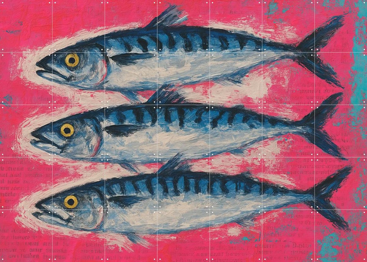 IXXI De Drie Makrelen, Natalie Bruns - 140 x 100 cm - Gratis ophangtool - Grote wanddecoratie en posters - Kleurrijk, Modern, Kwaststreken, Woonkamer