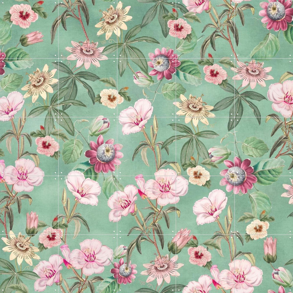 IXXI Tropical Vintage Passiflora and Hibiscus, Bloomery Decor - 100 x 100 cm - Gratis ophangtool - Grote wanddecoratie en posters - Decoratieve