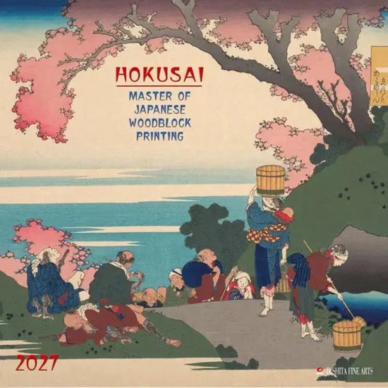 Hokusai, meester van Japanse houtblokdruk. Vol met kersenbloesems, een rivier en mensen.