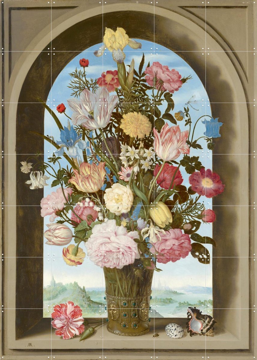 IXXI Vaas Met Bloemen In Een Venster, Ambrosius Bosschaert de Oude & Mauritshuis - 100 x 140 cm - Gratis ophangtool - Grote wanddecoratie en posters -