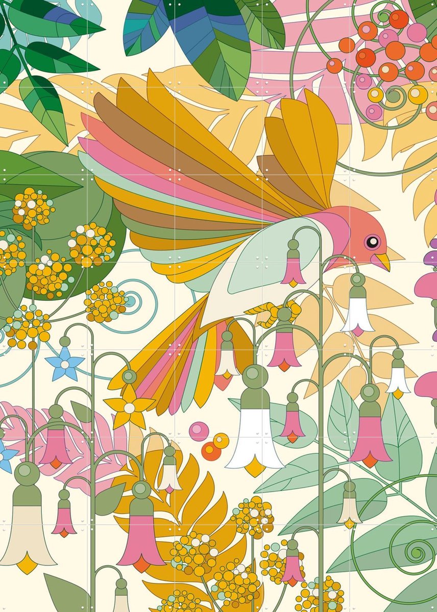 IXXI Morning Bird with Flowers, Bo Lundberg - 100 x 140 cm - Gratis ophangtool - Grote wanddecoratie en posters - Digitale Kunst, Speels, Kleurrijk