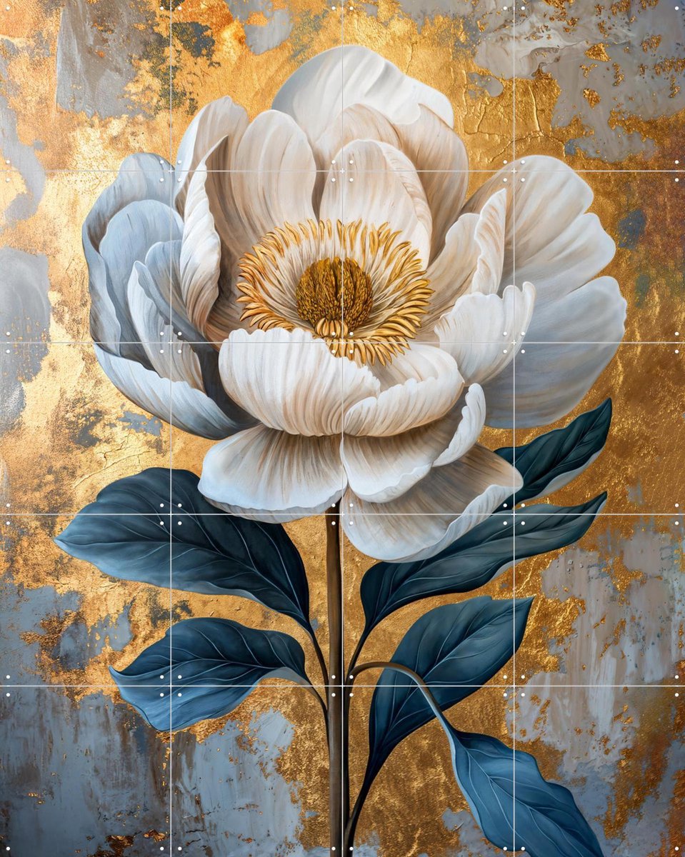 IXXI White Flower Gold, OTTI - 80 x 100 cm - Gratis ophangtool - Grote wanddecoratie en posters - Klassiek, Eetkamer, Slaapkamer, Woonkamer, Bloemen