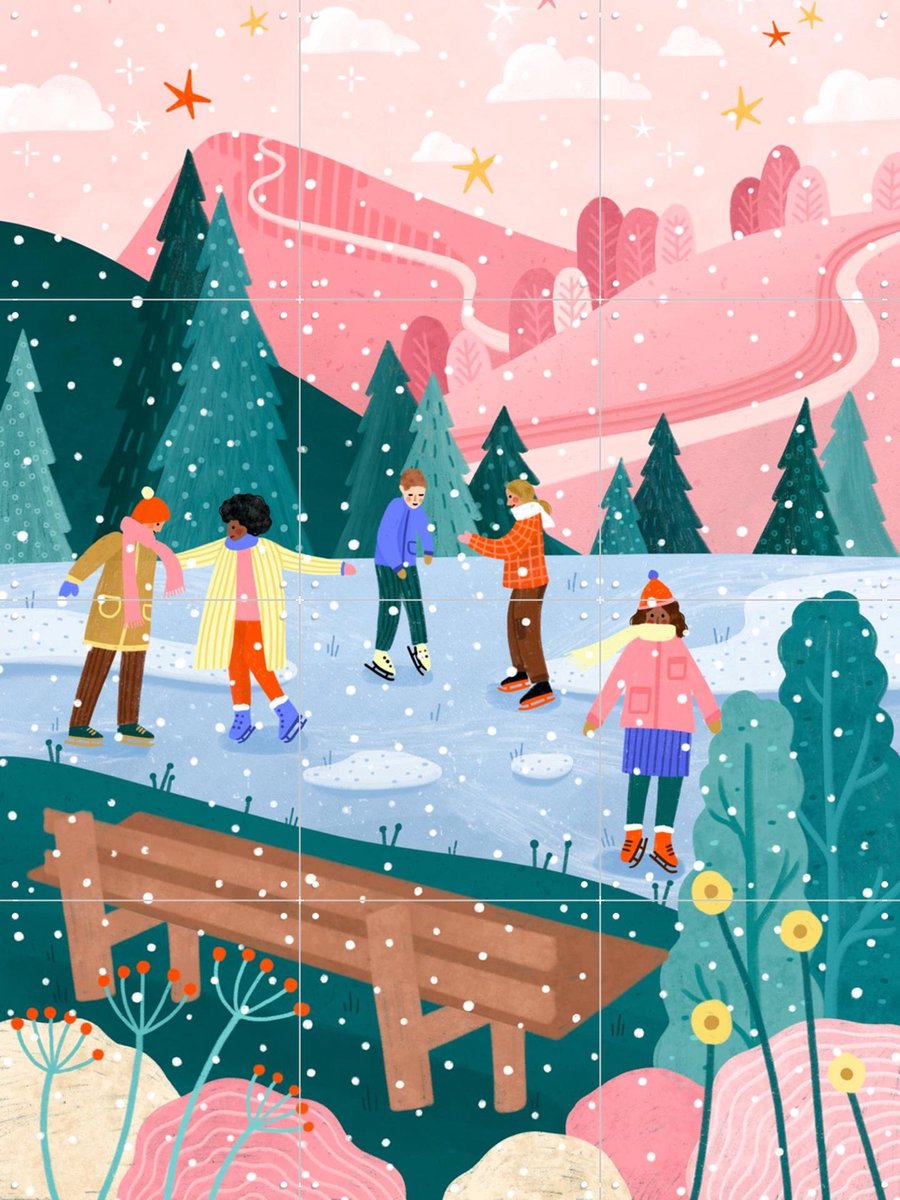 IXXI People Ice Skating, Bea Müller & Various - 60 x 80 cm - Gratis ophangtool - Grote wanddecoratie en posters - Cartoonesk, Illustraties