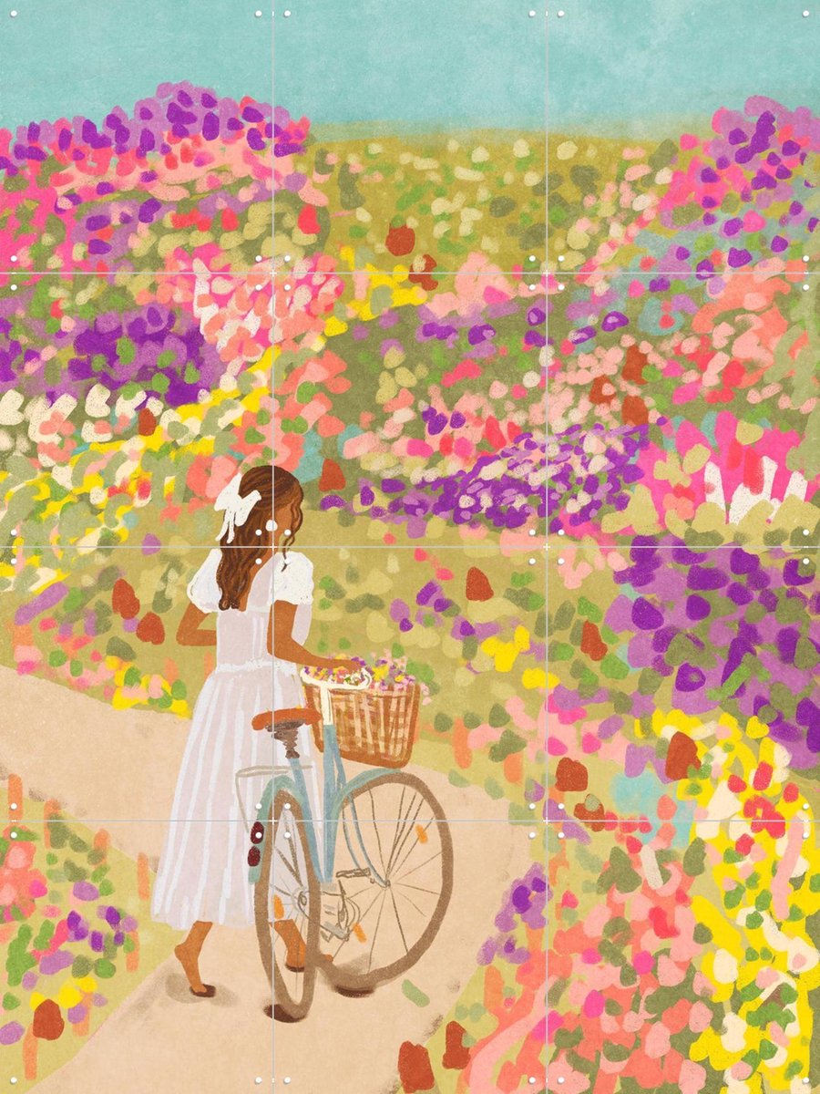 IXXI Cycling through the Flower Meadows, Raissa Oltmanns - 60 x 80 cm - Gratis ophangtool - Grote wanddecoratie en posters - Kleurrijk, Fantasierijk