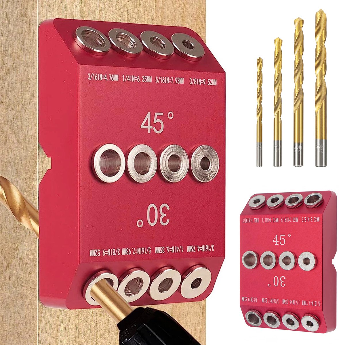 Boorgeleider Aluminium - Houtbewerkingsgatboor - 30°/45°/90° - 4 Geleidegaten & Boorhouders - 4 Boorbits 8,9-12,6cm - Incl. Klem & V-groef - 540g Draagbaar - Voor Hout, Meubel & Leuning