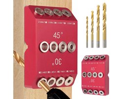 Boorgeleider Aluminium - Houtbewerkingsgatboor - 30°/45°/90° - 4 Geleidegaten & Boorhouders - 4 Boorbits 8,9-12,6cm - Incl. Klem & V-groef - 540g Draagbaar - Voor Hout, Meubel & Leuning