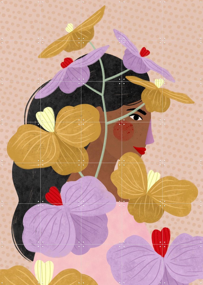 IXXI Hidden Behind Yellow Purple Flowers, Bea Müller & Various - 100 x 140 cm - Gratis ophangtool - Grote wanddecoratie en posters - Speels