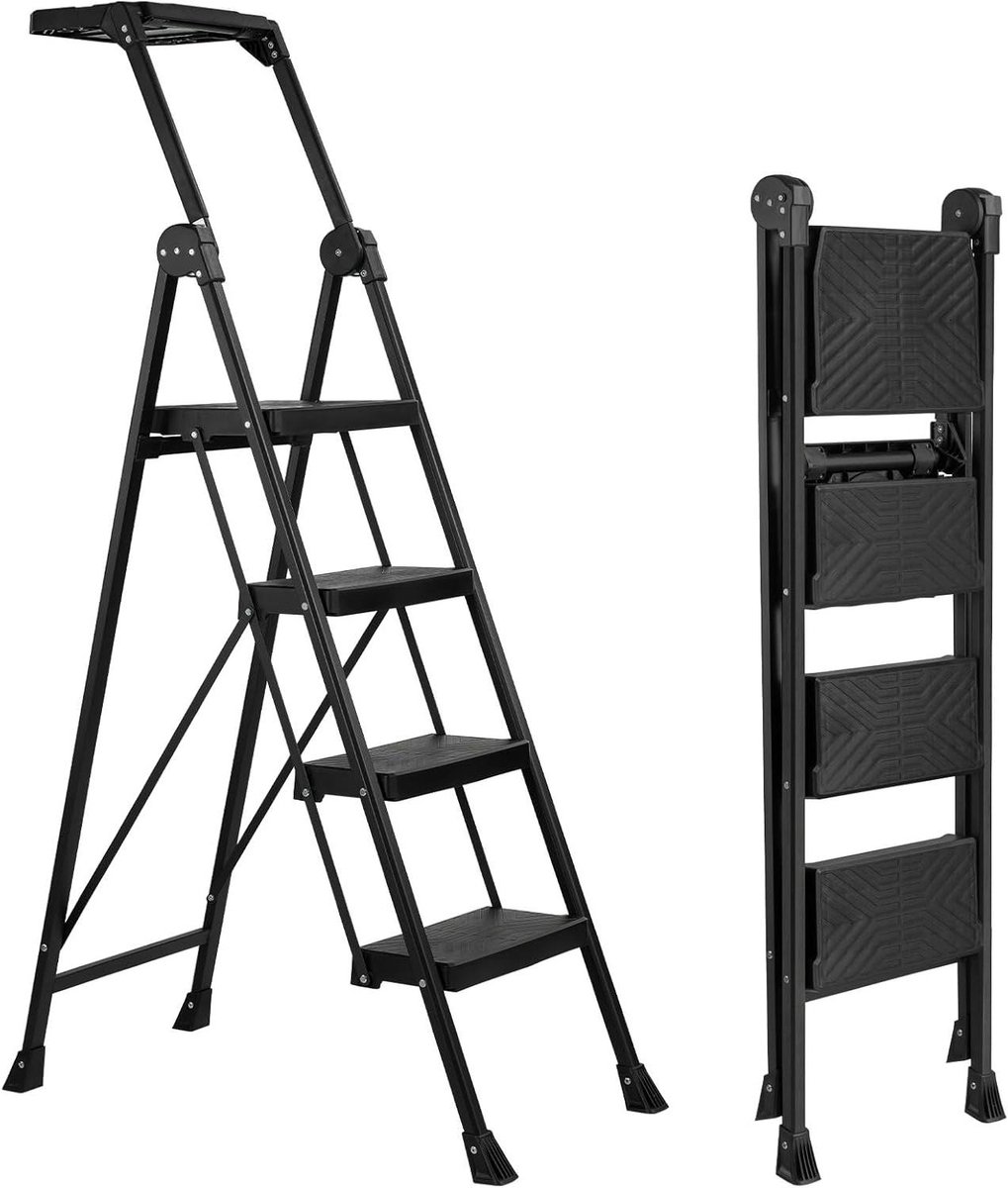 Vouwladder 4 treden - Huishoudtrap klapladder - Veilig klussen thuis - Met legplank - 300 kg belastbaar - Zwart