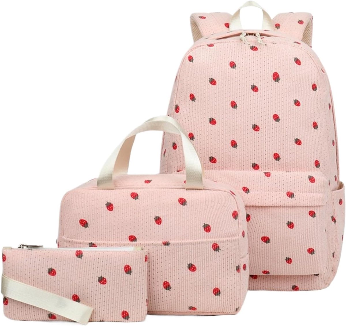 Reisrugzak - Schoolrugzak - Rugzakset - 3 Delig - van Corduroy - met Lunchtas en Klein Opbergtasje - voor Vrouwen - voor Dagelijks Gebruik - Roze