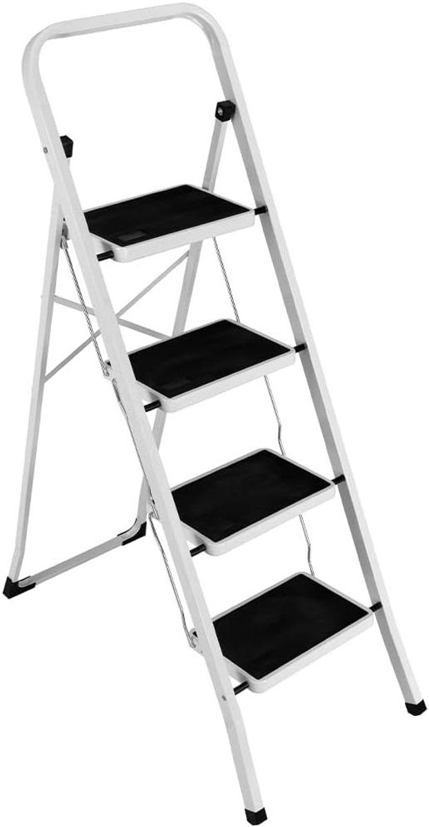 Vouwladder met 4 treden - Huishoudtrap opstapladder - Huishoudelijk werk - Ruimtebesparend ontwerp - 150 kg draagkracht - Wit en zwart