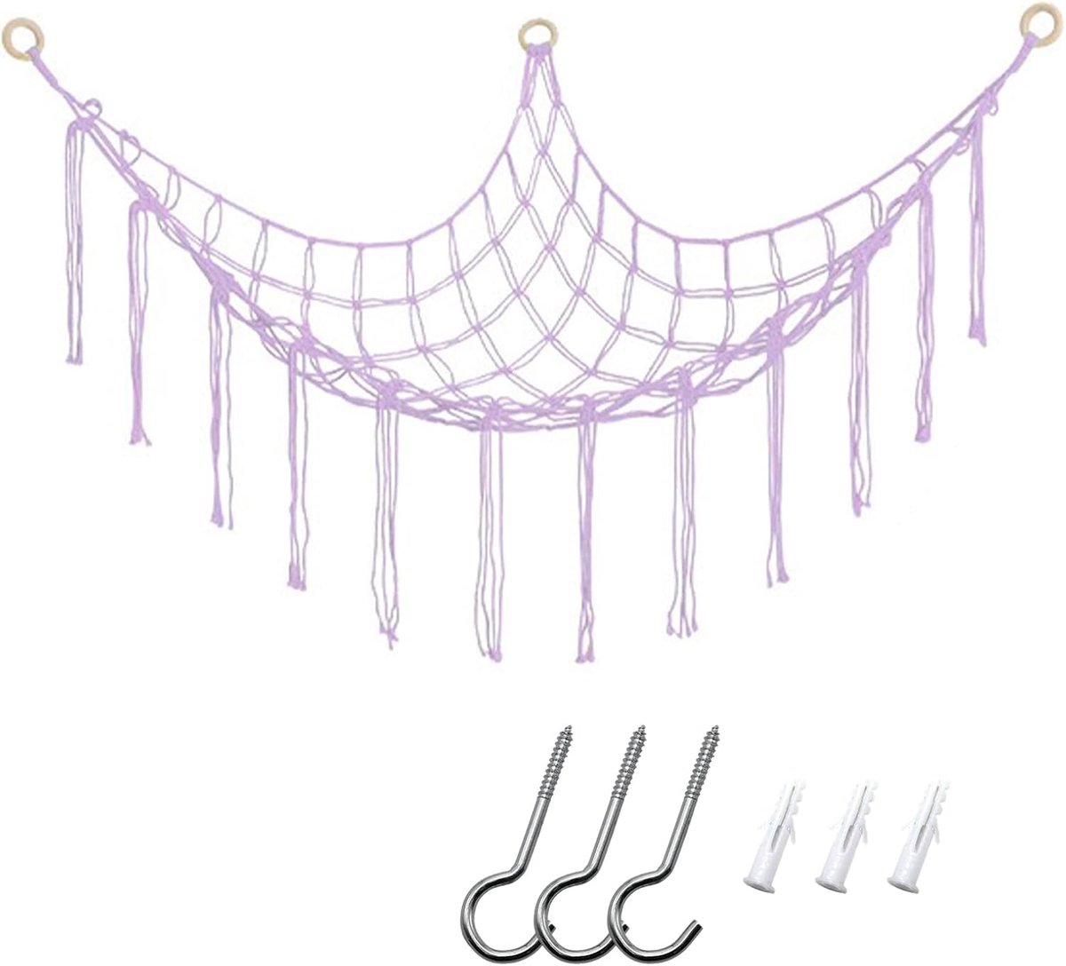 Opbergnet voor pluche speelgoed - speelgoedopbergnet - aan de muur te bevestigen geweven driehoekige netzak - opbergrek voor pluche dieren - opbergnet - geschikt als decoratie voor de kinderkamer en babykamer - inclusief accessoires - paars