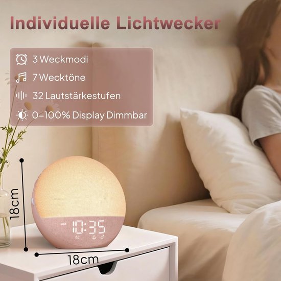 Wekker met Zonsopgang - Wake-up light Natuurlijke wekker - Rustig Wakker Worden - 25 Natuurgeluiden - 18 x 18 cm — afbeelding 3