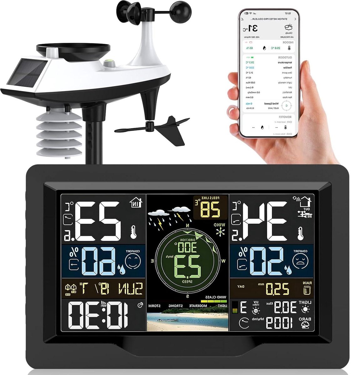 Weerstation met App - WLAN Weerstation Buiten - Lokale Weersvoorspelling - Met Windmeter Regenmeter - 100 Meter Bereik - Zwart