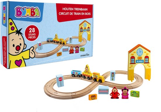 Verpakking van Bumba houten treinset met 28 stuks, inclusief treinspoor, station en figuren.