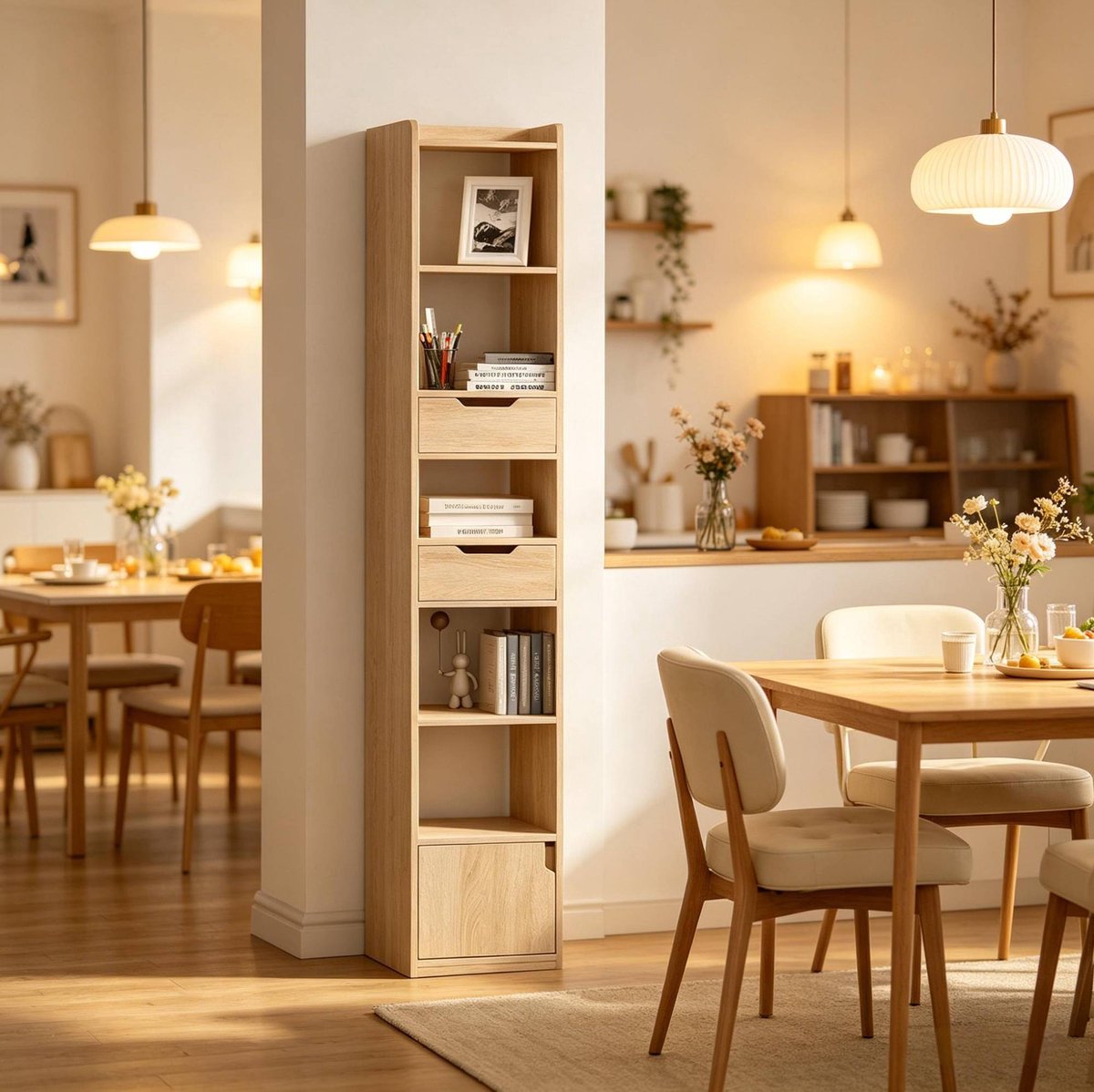 MODFU-Boekenkast-Opbergrek-Hoge Smalle Kast-Licht Eiken