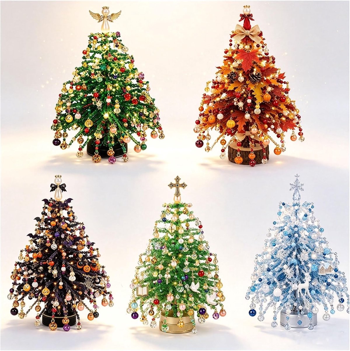 Set Van 5 | DIY kerstboomset van kralen met LED | 3D kerstknutselset met kristallen kralen | Kleurrijke Kralen & Ornament Bedels | Warme Gloed Tafeldecoratie | Ontspannend Handwerkproject voor Feestdagen Geschenk| Cyslmuk®
