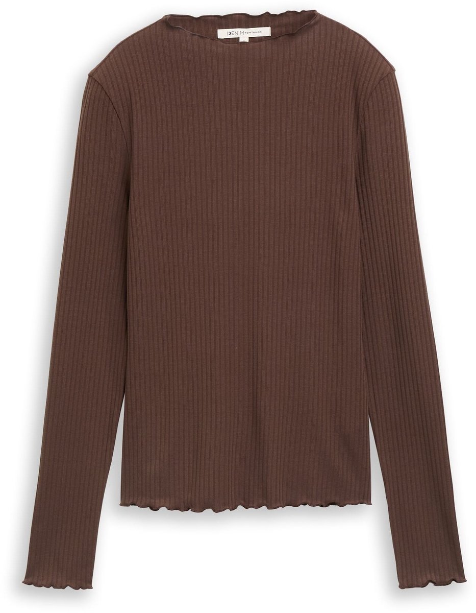 Tom Tailor Denim - T-shirt met lange mouwen en geribde structuur - Maat XL - cool dark brown