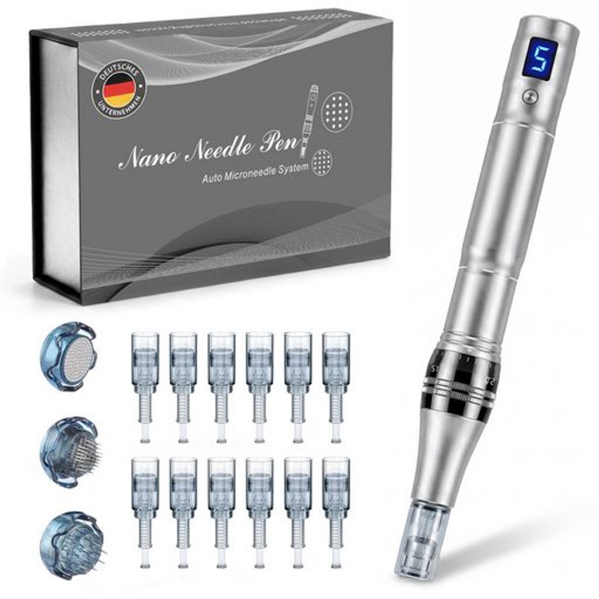 FOSMET Microneedling Pen Draadloos - Gezichtsroller - Dermapen met 5 Snelheden - 12 Naaldkoppen - 7 Kleuren Licht - 0-2,5mm Naalddiepte - LCD-Display - 1200mAh - Voor Huidverbetering & Huidverzorging - Professionele Gezichtsverzorging