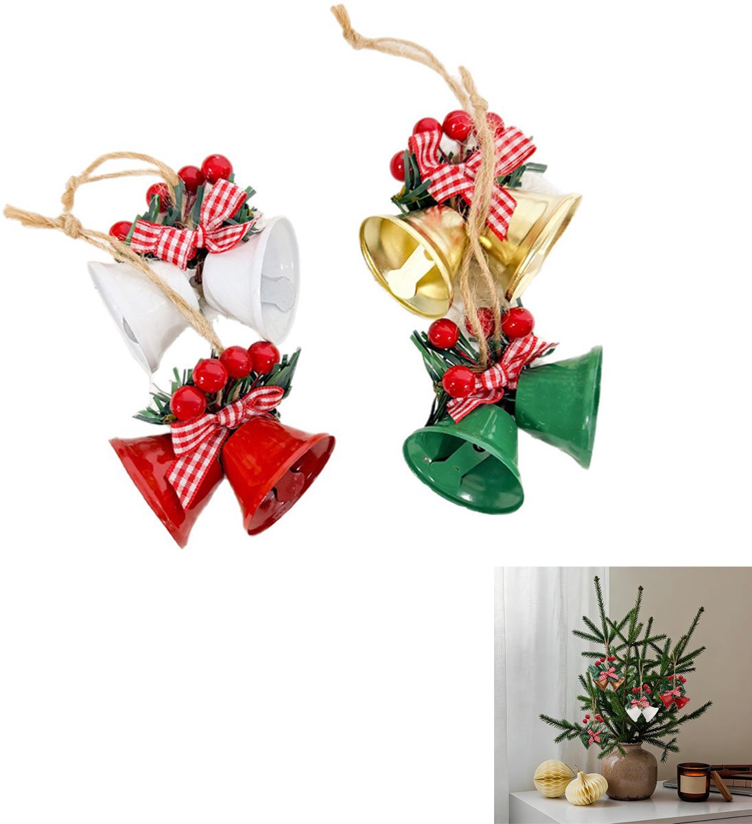 Beldecoraties - Kerstbellen - Dubbel beldesign - Kerstboombeldecoraties - Set van 4 - Geschikt voor kerstbomen, ramen, terrassen en geveldecoraties - Rood, groen, wit en geel