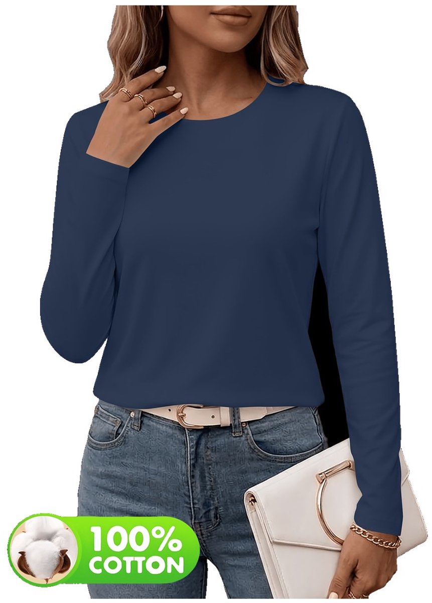 Currero Longsleeve Dames Oversized Lange Mouwen Shirt Roundneck Vrouwen Kleding T-Shirt Marineblauwe Kleur
