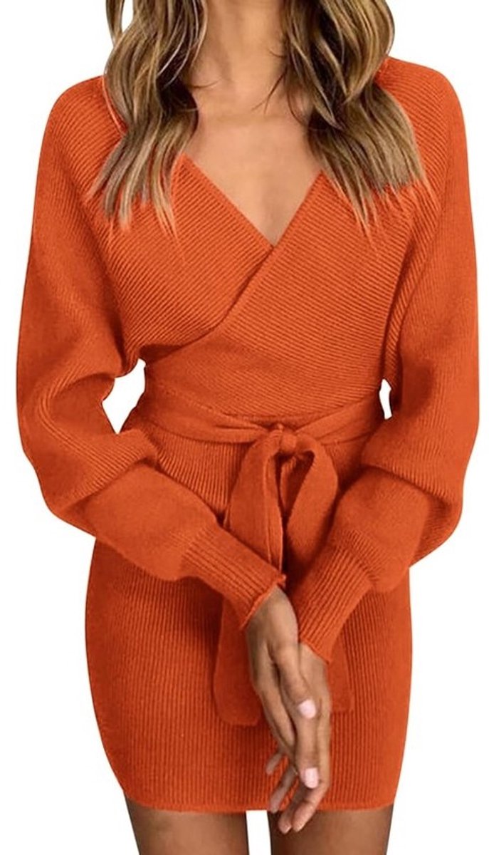 Bodycon Trui Jurk Dames Slimfit Gebreid V-Hals Lange Mouwen
