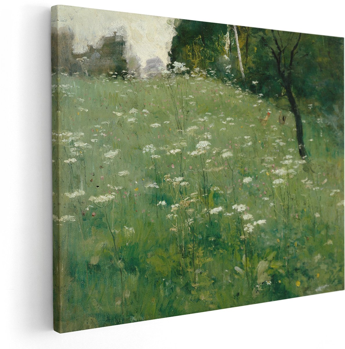 Artaza Canvas Schilderij Bloemenweide - 150x120 cm - Groot - Wanddecoratie Witte Bloemen - Muurdecoratie Landschap - Decoratie Natuur Schilderijen