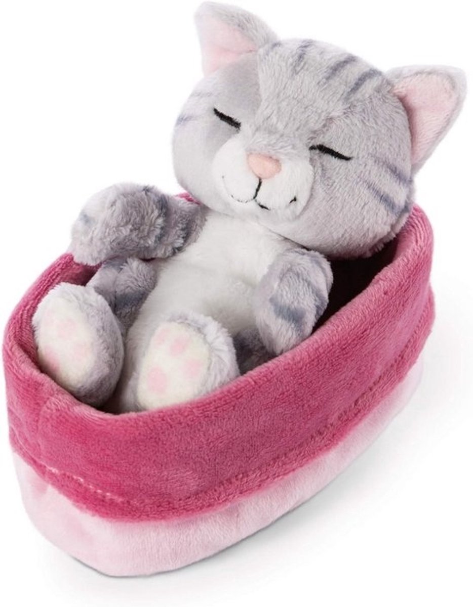 Pluchen Katje Slapend in Roze-Paars Mandje Knuffel 12 cm