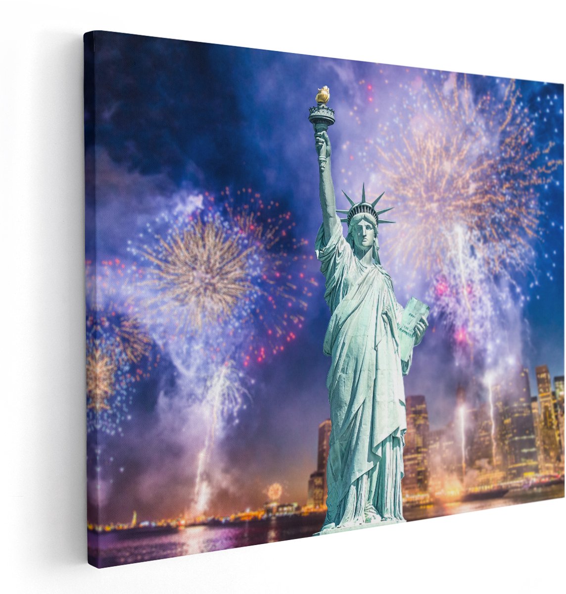 Artaza Canvas Schilderij Vrijheidsbeeld In New York Met Vuurwerk - 150x120 cm - Groot - Wanddecoratie Woonkamer - Schilderijen - Muurdecoratie