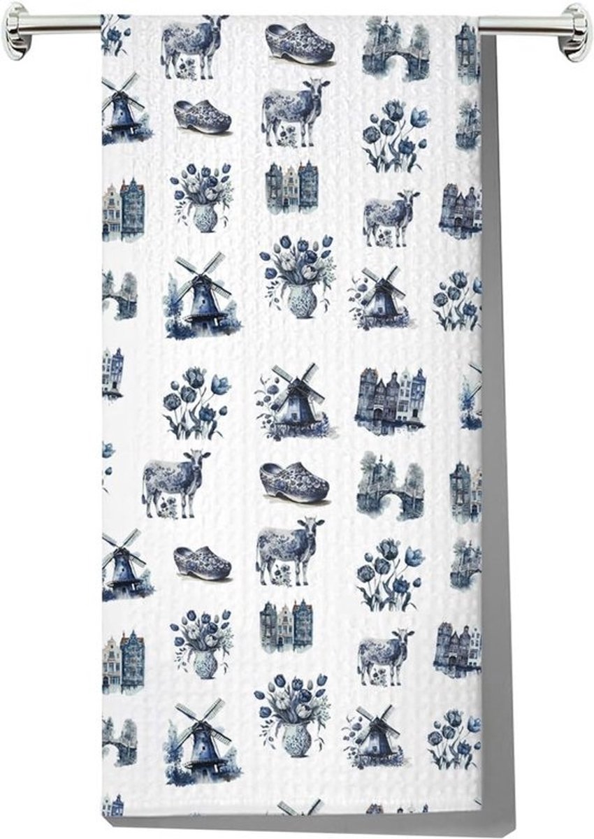 Blauwe Keukenhanddoek met Koe en Huis Print - Nederlands Souvenir en Cadeau