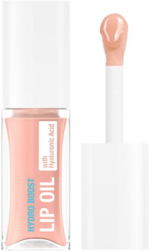 Une bouteille d'huile à lèvres Hydro Boost rose pâle avec son applicateur à côté.